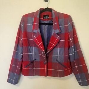 Vtg Patty Woodard Red Grey Plaid Wool Cropped Blazer Medium/Large